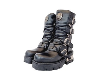 EU 36 New Rock Boots - Black Buckled Leather Design with Small Chunky Metal Heels