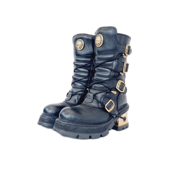 EU 40 / UK 7 Schwarz und Gold Leder New Rock Stiefel Chunky Metal 