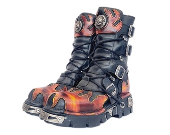 EU 42 / UK 8 New Rock Boots - Red and Black Leather Buckled Flame Design