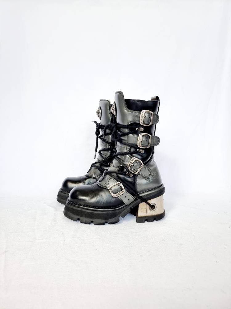EU 37 Vintage Lace Up New Rock Boots - Srebrne i czarne