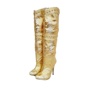 EU 36 / UK 3 rares bottes hauteur genou à talons aiguilles El Dantes en cuir doré vintage