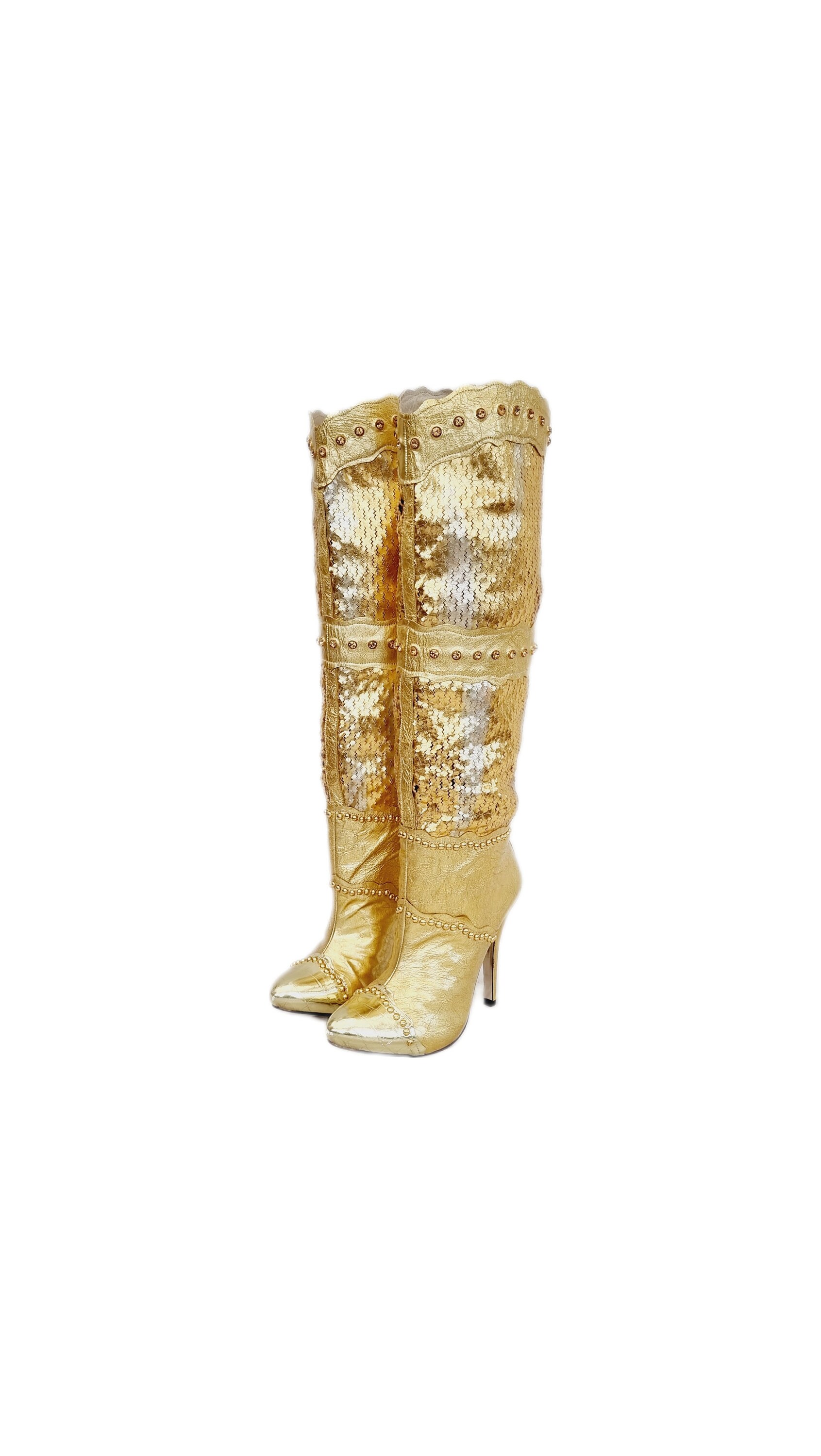 EU 36 / UK 3 Rare Vintage Gold Leather El Dantes Stiletto Heeled Knee High Boots