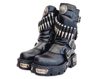 EU 36 / UK 3 New Rock Boots - Buckled Leather Bullet Belt Feature 