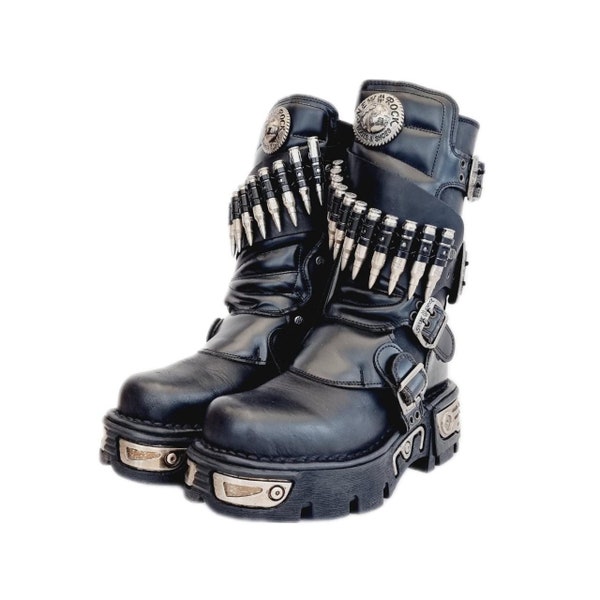 EU 36 / UK 3 New Rock Boots - Buckled Leather Bullet Belt Feature Metal Bullets Rare Vintage Refurbished Platform Combat Boots