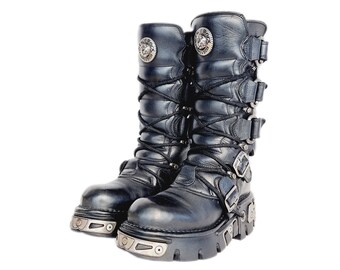 EU 38 / UK 5 Black Vintage Leather Velcro Buckled New Rock Boots