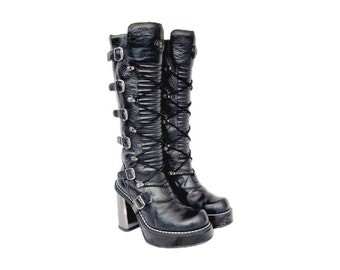 EU 40 / UK 7 Knee High Black Leather Plataforma New Rock Boots with Chunky Metal Heels