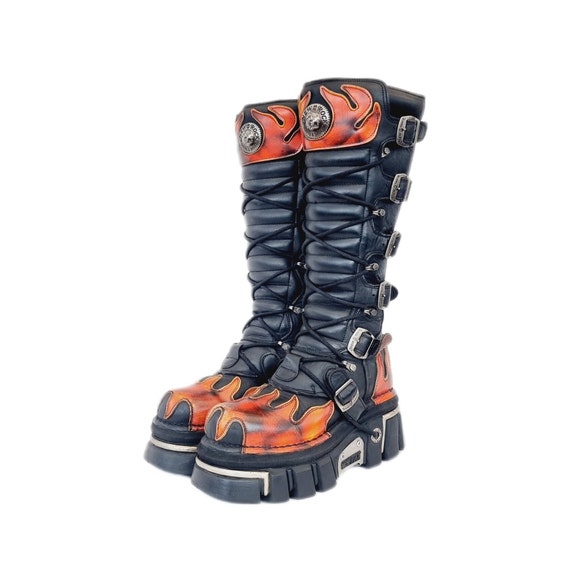 EU 40 / UK 7 Knee High New Rock Boots - Black and Red Flame