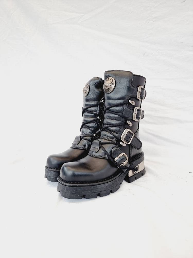 EU 36 New Rock Boots - Black Buckled Leather Design With EU 36 New Rock Boots - Black Buckled Leather Design With