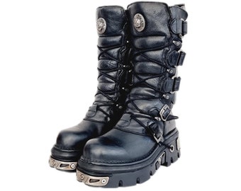 EU 44 / UK 10 Black Vintage Leather Velcro Buckled New Rock Boots