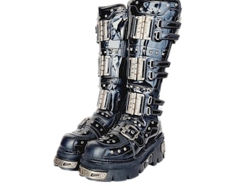 EU 43 / UK 9 Spiked Studded Metal PVC Leather Knee High New Rock Boots Chunky Platforms Cyber Punk Grunge Glam Goth Cosplay Emo Y2K Shoes