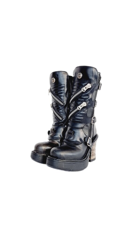 EU 36 / UK 3 Black Leather Zip Feature New Rock Boots With Chunky 