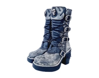 EU 38 / UK 5 New Rock Boots - Black Grey Buckled Leather Devil Demon Skull Paisley Design Heels