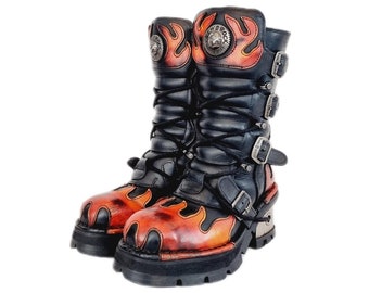 EU 40 / UK 7 New Rock Boots - Red and Black Leather Buckled Chunky Heeled Flame Design