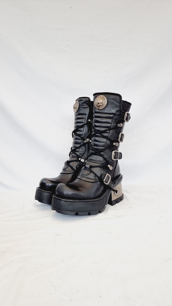 EU 36 UK 3 New Rock Boots Black Buckled Leather Design With Small Chunky Metal Heels Etsy UK