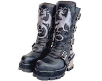 EU 36 / UK 3 New Rock Boots - Buckled Leather Iridescent Dragon Design