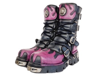 EU 45 / UK 10.5 Black and Purple Flame New Rock Boots - Distressed Grunge Leather Gothic Punk Rock Whitby Stompers