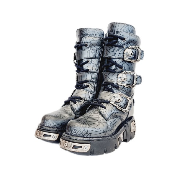 EU 36 / UK 3 New Rock Boots Black & Silver Spider Cobweb Skull Buckle Straps Goth Punk Grunge Combat Biker Chunky Shoes