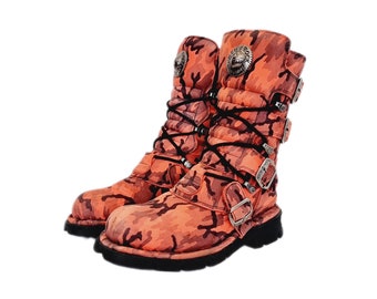 EU 38 / UK 5 New Rock Boots - Orange Camo Buckled Design