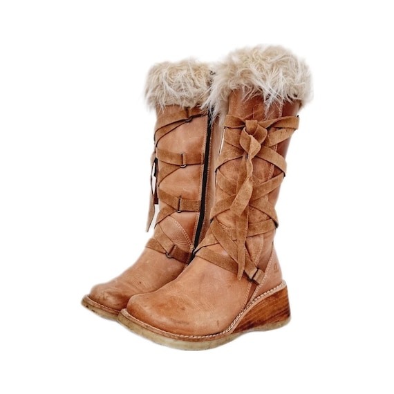 EU 36 UK RARE Tan Vintage 90s Y2K Mid Calf Yeti Fur Trim