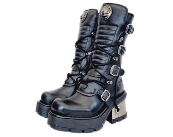 EU 36 / UK 3 New Rock Boots - Black Buckled Leather Design with Small Chunky Metal Heels