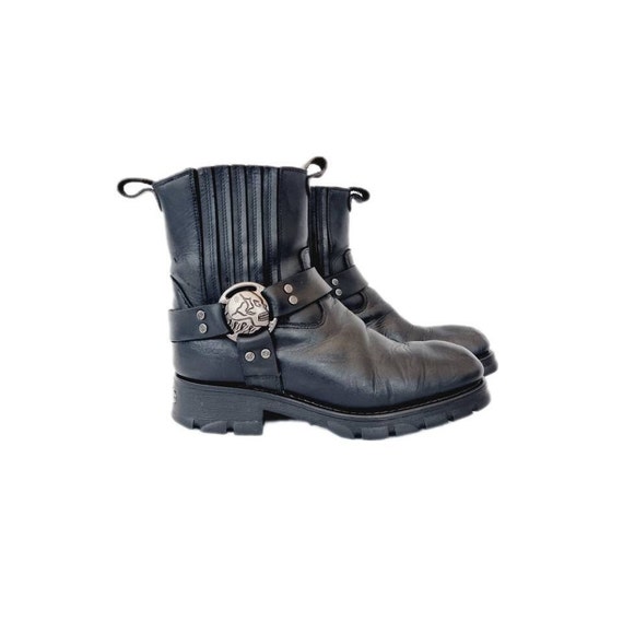 EU 42 UK 8 Black Leather New Rock Boots With Metal Skull Buckle Design Etsy Canada