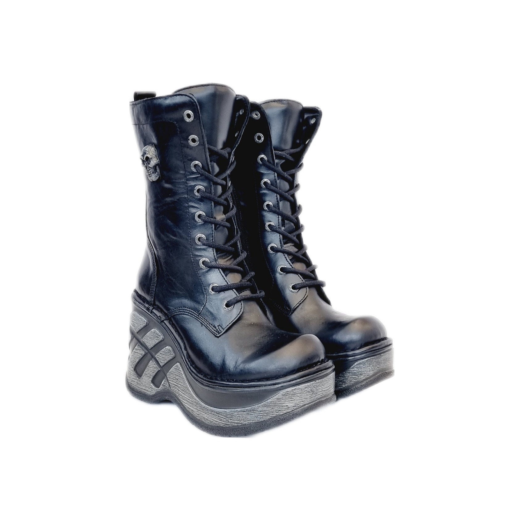 EU 37 UK New Rock Wedge Heels Black Leather Knee High Heeled