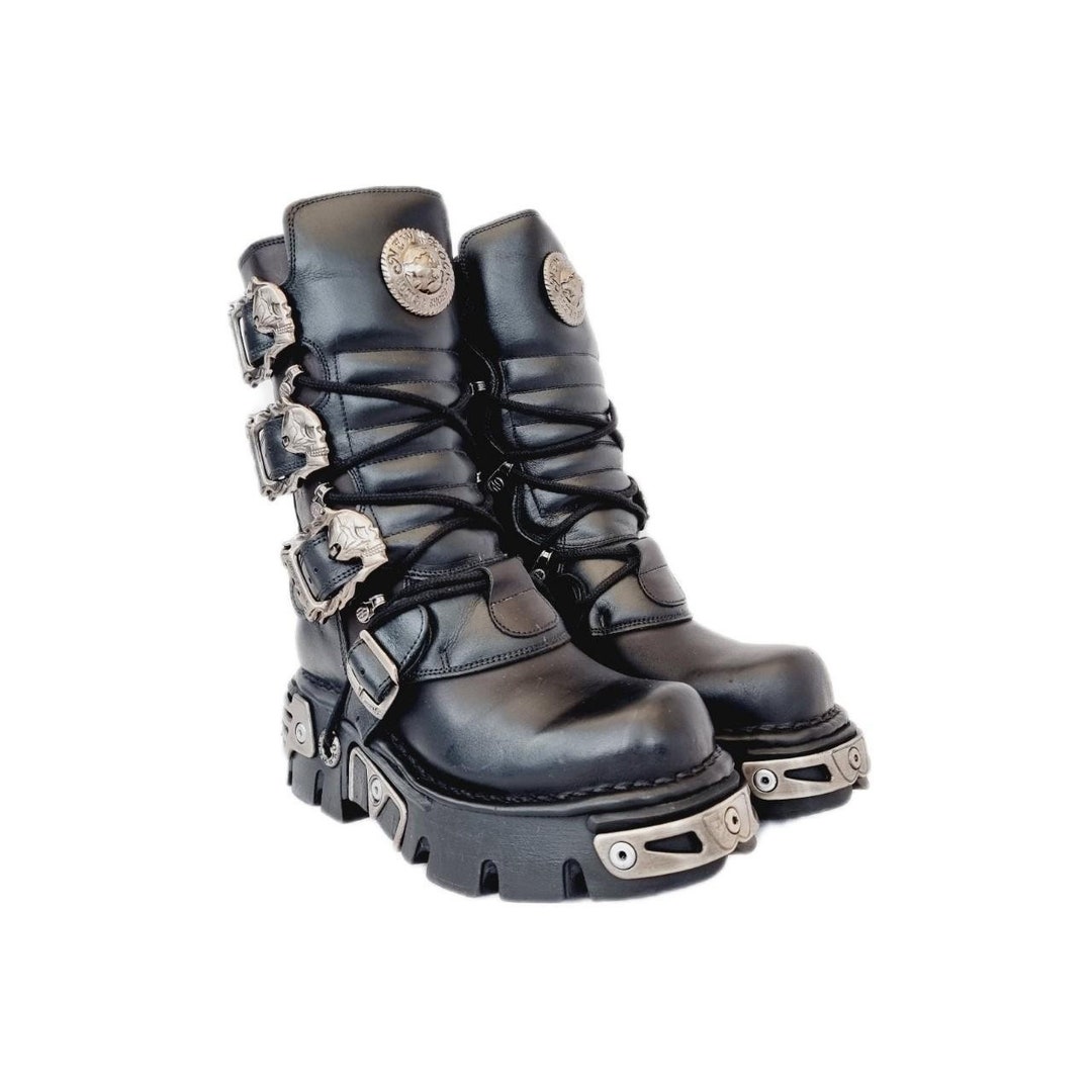 EU 36 UK Stivali New Rock Vintage in Pelle con Fibbia a Teschio