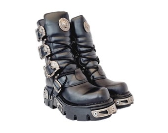 EU 36 / UK 3 Vintage Black Metal Skull Buckle Leather New Rock Boots