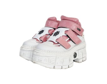 EU 39 / UK 6 White and Dusty Pink New Rock Ankle Boots Kawaii Pastel Goth Cosplay Harajuku Decorakei Platform Sneakers Shoes