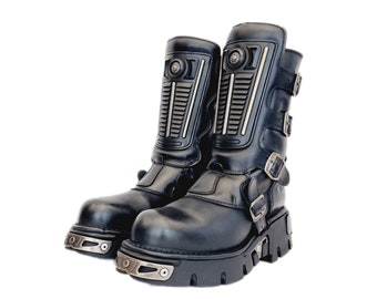 EU 44 / UK 10 Platform New Rock Boots Cyber Goth Industrial Cosplay Shoes Rivethead Punk Grunge Harajuku Black Leather