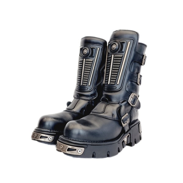 EU 44 / UK 10 Platform New Rock Boots Cyber Goth Industrial Cosplay Shoes Rivethead Punk Grunge Harajuku Black Leather