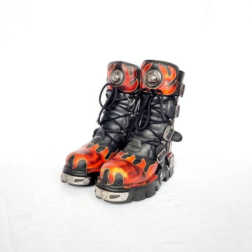 New Rock 591-S1 Red Flame Boots Metal Black Leather Heavy Punk Gothic Boots 