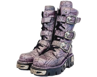 EU 38 / UK 5 New Rock Boots Black & Purple Silver Spider Cobweb Skull Buckle Straps Goth Punk Grunge Combat Biker Chunky Shoes