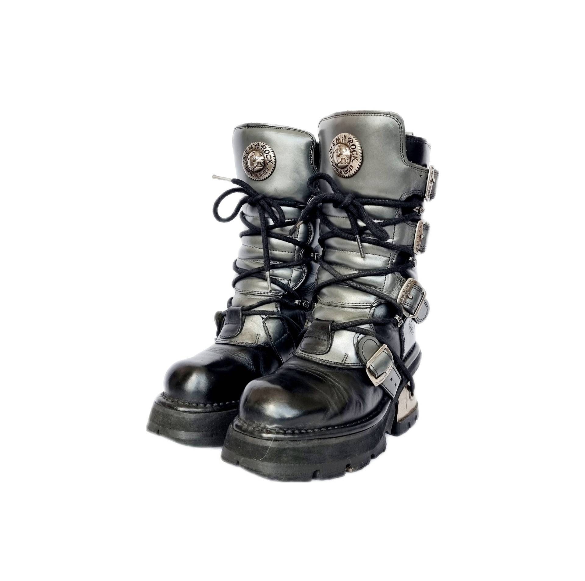 EU 37 Vintage Lace up New Rock Boots - Silver and Black EU 37 Vintage Lace up New Rock Boots - Silver and Black