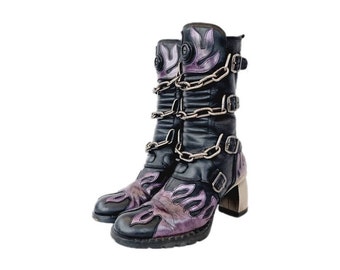 EU 38 / UK 5 Black Purple Leather Chunky Heeled New Rock Boots Heels Chains Cosplay Kawaii Edgy Alternative Shoes Bratz Monster High