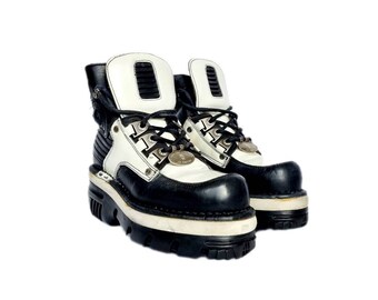 Eu 36 New Rock Ankle Boots New Rocks Black and White Leather Silver Metal Platform Club Rave Sneakers