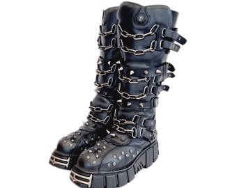 EU 43 / UK 9 Spiked Studded Metal Chain Knee High New Rock Boots Chunky Platforms Cyber Punk Grunge Glam Goth Cosplay Emo Y2K Shoes