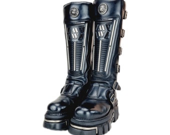 EU 42 Black Silver New Rock Boots Cyber Punk Goth Leather EU 42 Black Silver New Rock Boots Cyber Punk Goth Leather