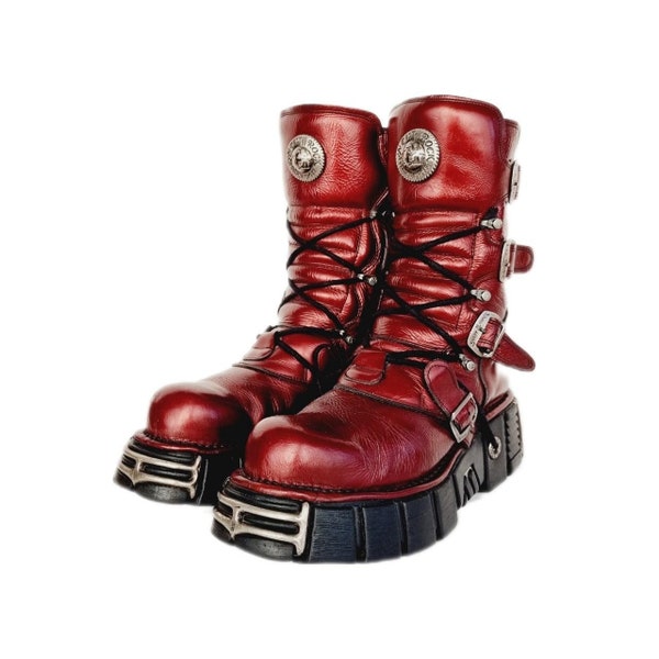 EU 44 / UK 10 Vintage Burgundy Cherry Red Buckled Lace Up Platform Reactor New Rock Boots