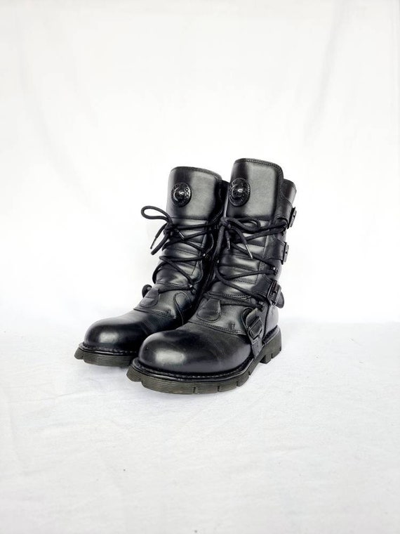 EU 42 / UK 8 Black Leather Metal New Rock Boots New Rocks Vintage