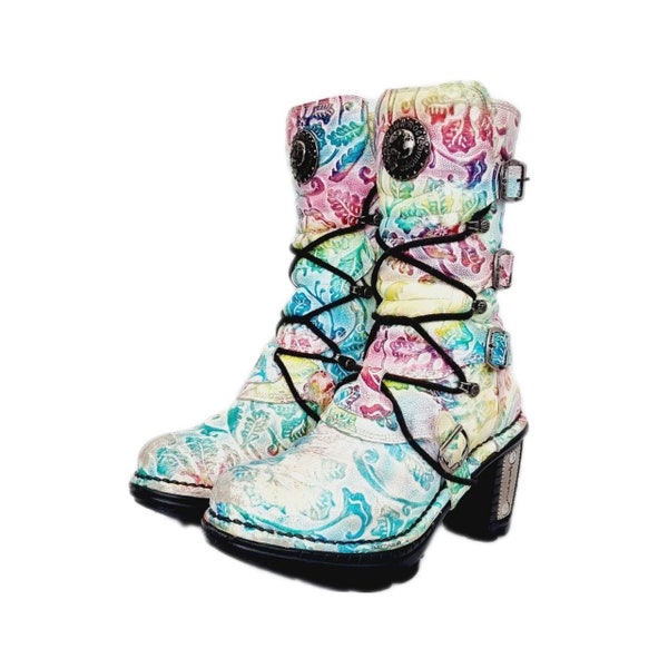 EU 38 / UK 5 New Rock Boots - Multicoloured Pastel Paisley Design Heels