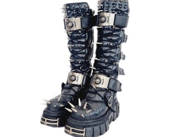 EU 39 / UK 6 Spiked Studded Metal Chain Knee High New Rock Boots Chunky Platforms Cyber Punk Grunge Glam Goth Cosplay Emo Y2K Shoes