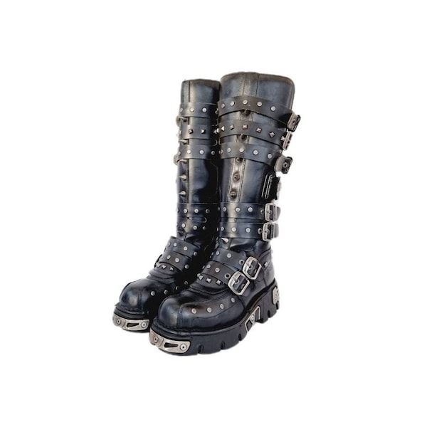 EU 41 / UK 7.5 Stivali New Rock con borchie e borchie alti fino al ginocchio - New Rocks in pelle nera vintage