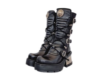 EU 36 / UK 3 New Rock Boots - Black Buckled Leather Design with Small Chunky Metal Heels