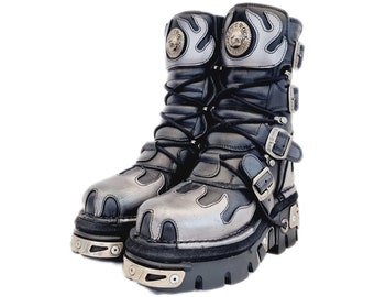 EU 38 / UK 5 New Rock Boots - Black Grey Buckled Leather Flame Design