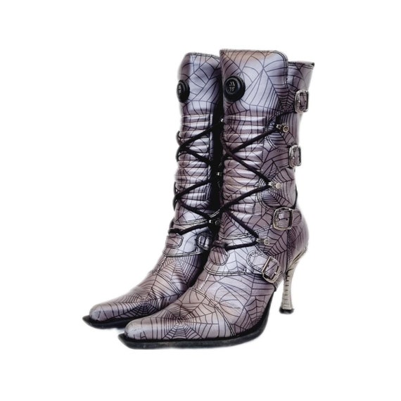 EU 40 UK Stivali con tacco New Rock in pelle nera grigia lilla