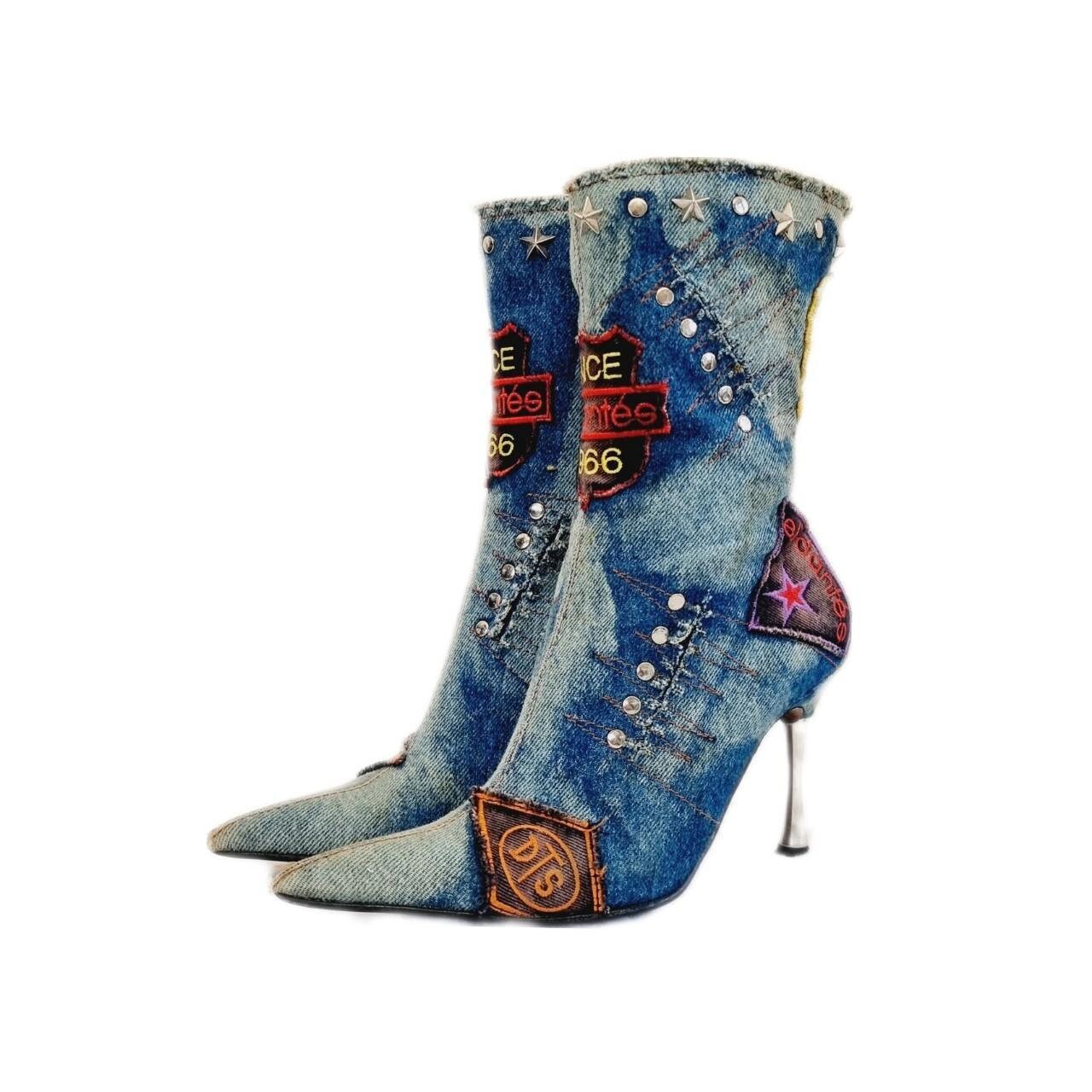 EU 36 / UK 3 El Dantes Light Blue Denim Rare Vintage 90s Y2K Pointed Toe Patchwork Stiletto Boots