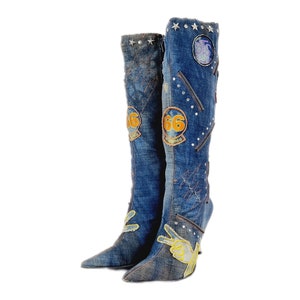UE 40 / UK 7 El Dantes bleu denim rare vintage des années 90 Y2K bout pointu patchwork bottes à talons aiguilles