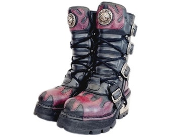 EU 37 / UK 4 Vintage Deadstock New Rock Boots - Black & Purple Leather Flame Design with Metal Buckles, Chunky Heels and Chunky Platforms