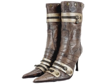 EU 39 / UK 6 Rare Vintage El Dantes Patchwork  Ankle Boots - Brown Gold Leather Metal Stiletto Heels